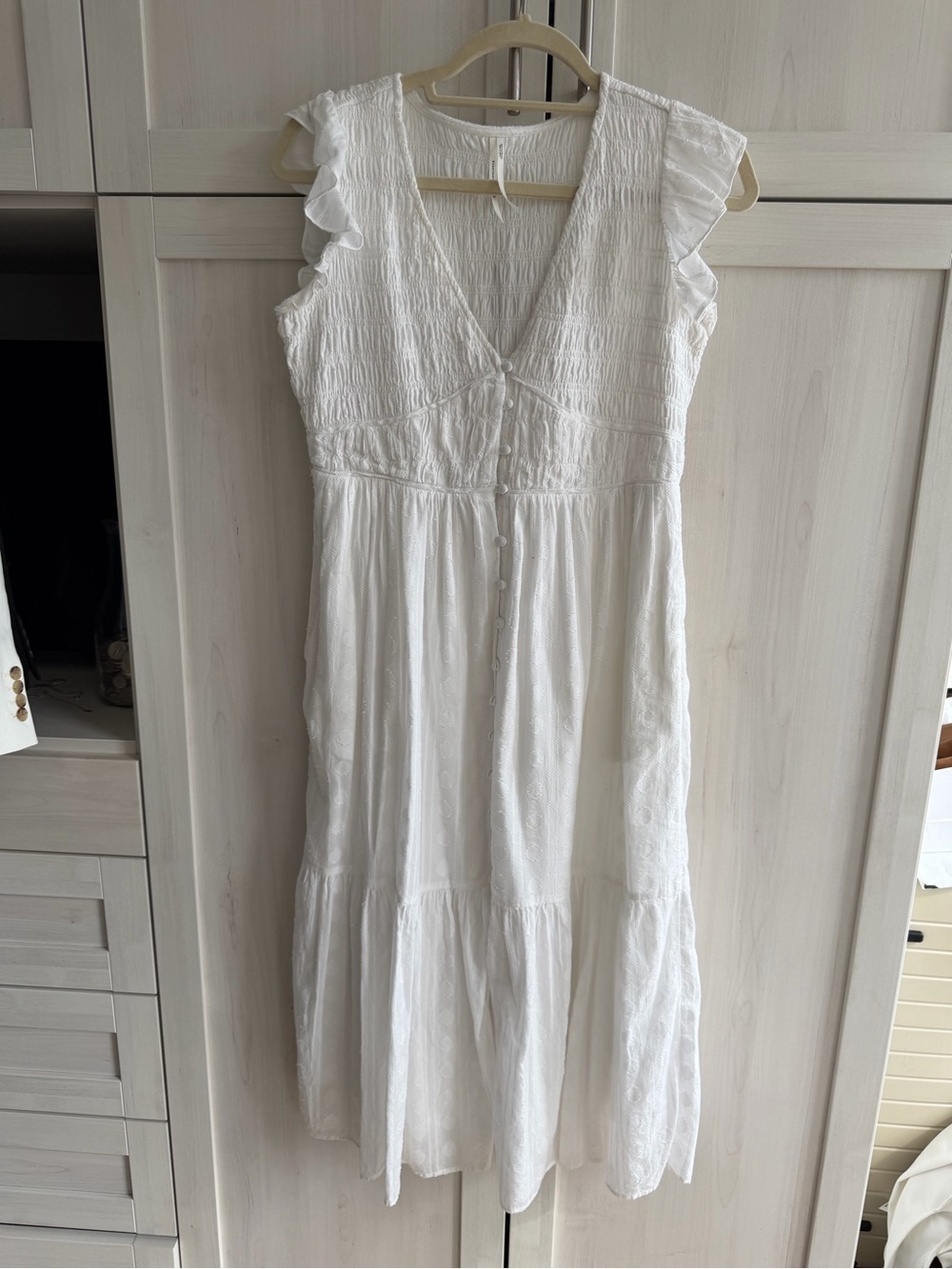 Anthropologie White Smocked V-Neck Maxi Dress with Flutter Sleeves